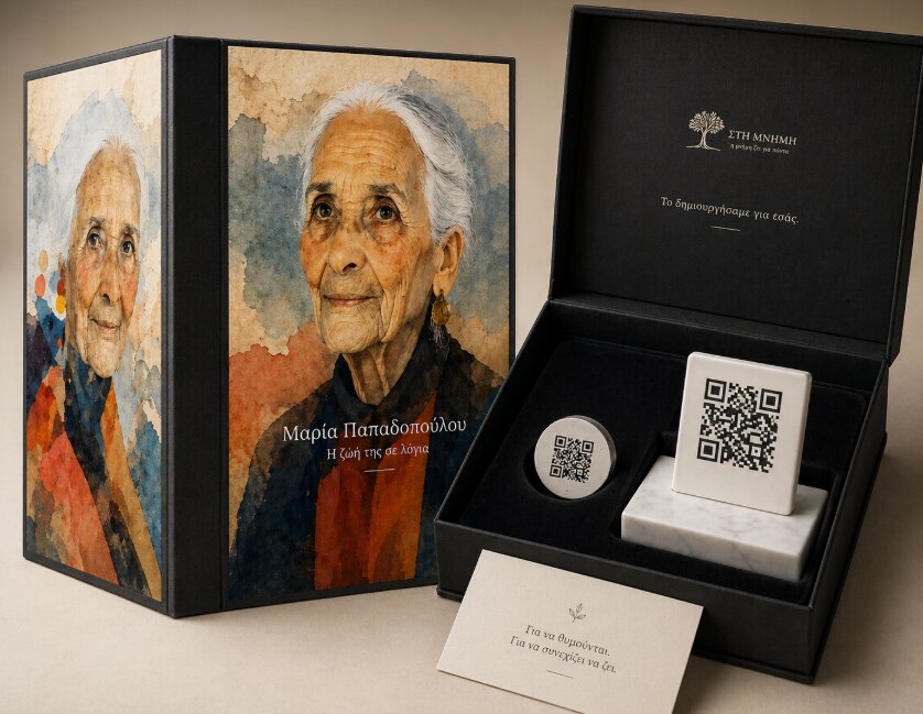 Premium QR memorial package — dark marble-mounted stainless steel tile, 25 mm stainless steel medallion and installation guide in a presentation box