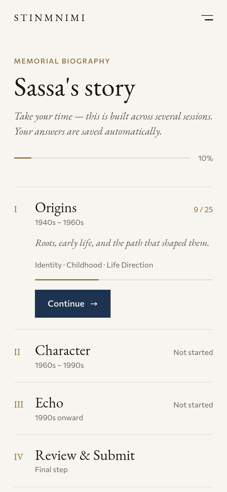 A phone screen titled Sassa's story, with a progress line and four chapters: Origins, Character, Echo and Review and Submit.